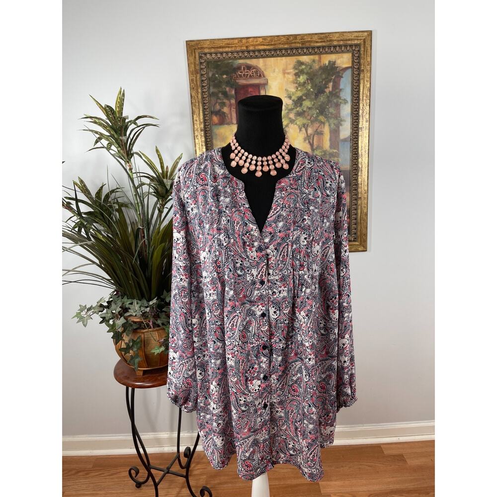 Terra Sky Button Up Blouse Womens 1X White Pink Paisley Pleated Cottagecore Chic